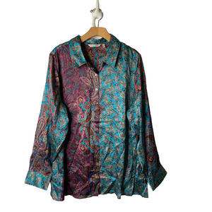 Soft Surroundings Lilit Silk Paisley Long Sleeve Button Top 2EK66 Plus Size 1X